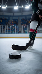 Intense hockey player preparing to take a shot on the puck in a packed arena copy space
