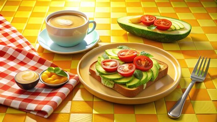 Healthy Breakfast with Avocado and Tomato Toasts, Cappuccino, and Water on Yellow Checkered Background - Panoramic Photography