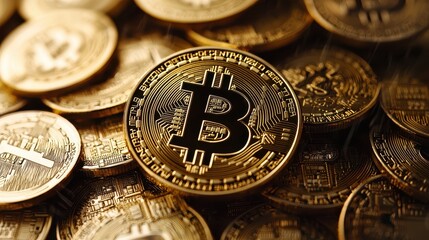 A close-up of shiny gold Bitcoin coins, symbolizing cryptocurrency and digital finance.