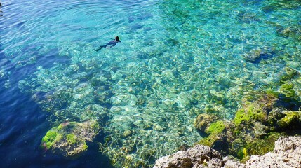 Obraz premium Snorkeling adventure in crystal clear waters tropical destination travel photography vibrant marine life aerial perspective underwater exploration