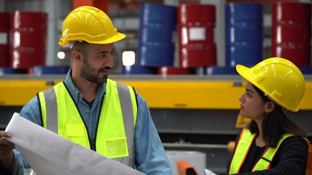 Indian engineer woman talking to Architect or latin foreman with Blueprints together industrial factory place of work. group of diversity factory worker inspection with paper at construction site
