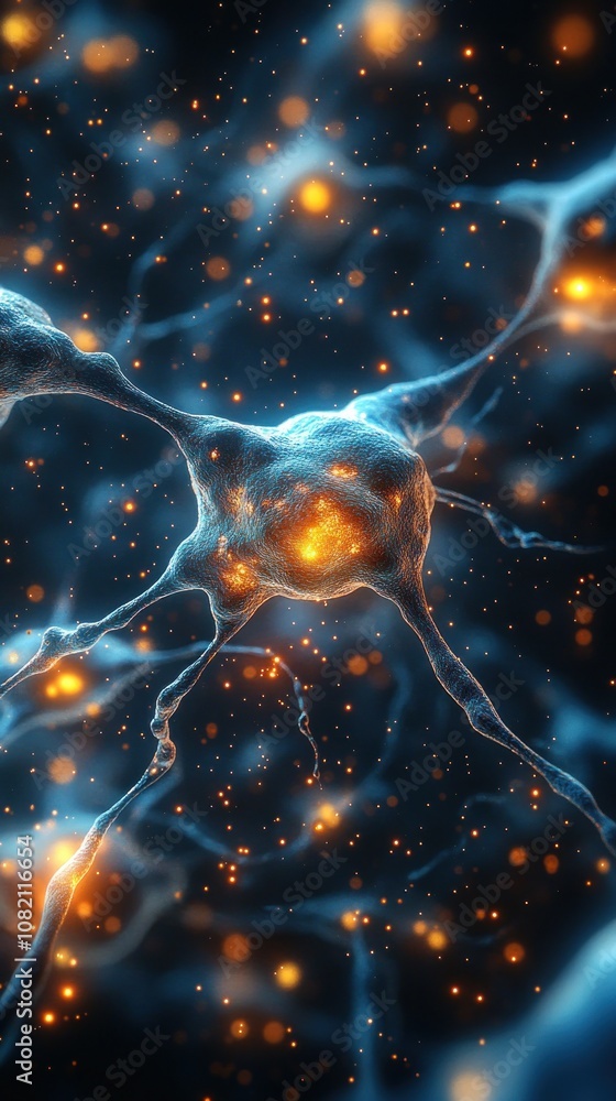 Poster close-up view of neurons with glowing connections and particles.
