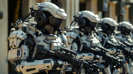 Fototapeta premium Closeup of futuristic robotic soldiers equipped with advanced weaponry and high-tech armor on the battlefield