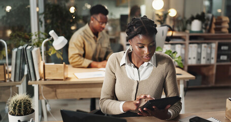 Black woman, tablet and news communication in office, email client and online to update website....