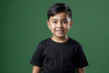 Young Boy Wearing a Black T-Shirt against a Green Background in a Studio Mockup