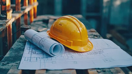 Construction Blueprint: A yellow hard hat rests atop rolled-up blueprints, symbolizing the planning and execution of construction projects.  The image evokes a sense of precision, safety.