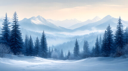 Fototapeta premium Snow-covered mountain landscape illustration with soft, pastel shades of blue and white, gentle snowfall in the background, and evergreen trees scattered across the scene.