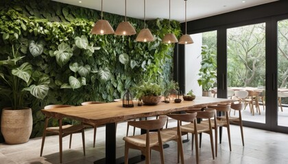 Fototapeta premium A nature-inspired dining area with wooden tables, leafy plants, and natural stone finishes