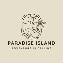 palm tree and whale logo line art simple minimalist vector illustration template icon design. paradise island and coconut tree with surfing beach sign or symbol  and creative badge