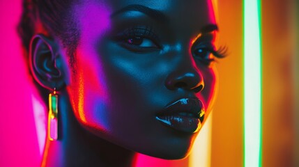 A woman in a neon-lit environment, with bright neon lights reflecting off her face, creating a vibrant and modern photography aesthetic