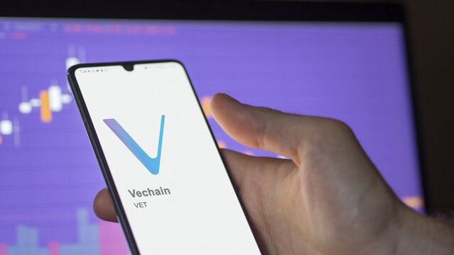 Close up on logo of VET Vechain on the screen of an exchange. VET Vechain price stocks, $VET on a device.