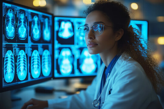 Female radiologist diligently reviews multiple X-ray scans displayed on dual monitors in a sleek, high-tech medical office, focusing on diagnosing patient conditions