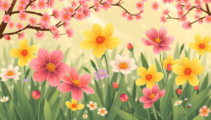 Spring flower pattern illustration, dinamic scene