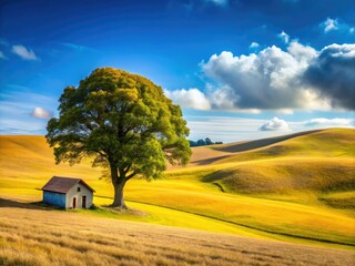 Fototapeta premium Serene Landscape with a Stand Alone Tree on Rolling Hills, Quaint Cottage Amidst Yellow Glass Fields Under a Clear Blue Sky, Perfect for Nature and Travel Themes