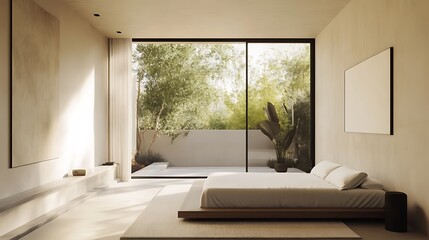 Fototapeta premium Minimalist bedroom with large windows overlooking a garden.