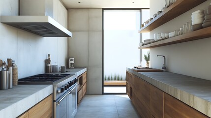 Modern kitchen with wooden cabinets, concrete countertops, and stainless steel appliances.