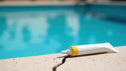  Tube of sealant. Tube with yellow cap on cracked edge of pool. Bright sunlight, clear blue water in background. Summer vibes and relaxation.