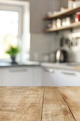 Cozy Modern Kitchen Interior with Wooden Countertop, Open Shelves, and Natural Lighting