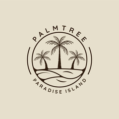 Naklejka premium palm tree and ocean logo line art simple minimalist vector illustration template icon design. paradise island and coconut tree with beach sign or symbol and circle badge and typography