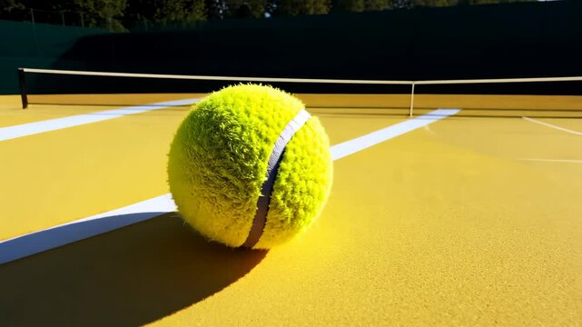 A yellow tennis ball sits on a yellow court, waiting to be played with