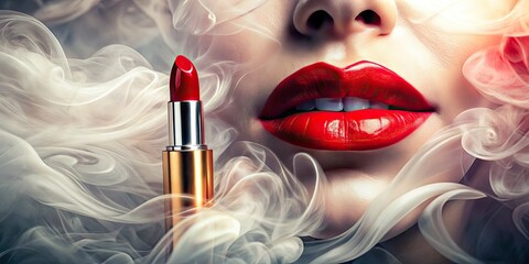 Obraz premium Stunning Product Photography of Red Lips with Ethereal Smoke Effect for Makeup and Beauty Promotion