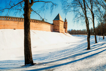 Veliky Novgorod Kremlin towers in winter day in Veliky Novgorod, Russia, panoramic winter sunny view. Landmarks of Veliky Novgorod, Russia
