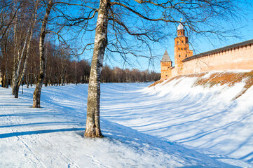 Veliky Novgorod Russia. Veliky Novgorod Kremlin fortress, winter sunny travel landscape of Veliky Novgorod landmarks