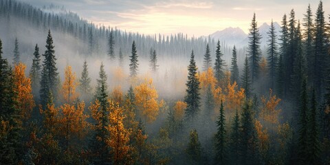 Obraz premium A dense forest shrouded in mist, featuring numerous tall trees