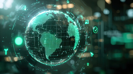 Obraz premium digital globe with green energy icons, representing sustainability and technology. globe is surrounded by data points and symbols, conveying modern, eco friendly theme