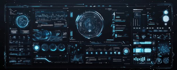 Futuristic digital dashboard with data analytics and tech interface. Blue holographic HUD.