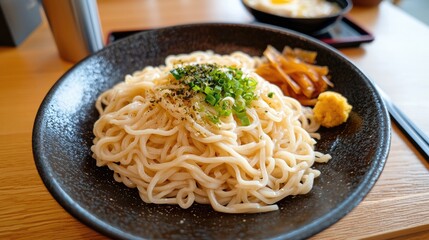 Freshly Prepared Cold Noodle Dish Served on a Black Plate with Green Onions, Wasabi, and Side of Pickles in a Minimalist Restaurant Setting