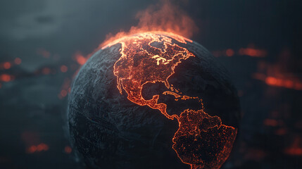 globe with glowing lava and smoke rising, depicting fiery Earth. continents are illuminated, showcasing dramatic and intense scene of volcanic activity