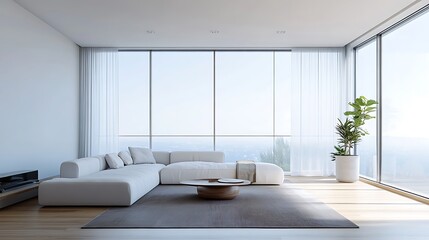 Modern living room with large windows, white sofa, and wooden floor.