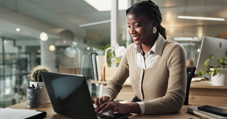 Black woman, laptop and news communication in office, email client and online to update website....