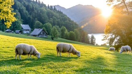 Fototapeta premium Sheep Grazing in a Lush Meadow at Sunset with a View of Mountains and a Lake