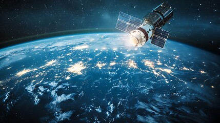 A satellite in space capturing images of Earth, symbolizing global observation and communication.