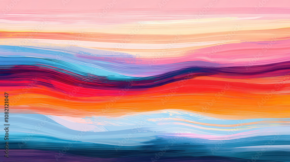 Poster vibrant abstract waves of color create dynamic visual experience, blending hues of red, blue, and or