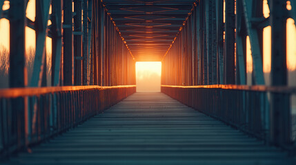 stunning view of steel bridge at sunset, showcasing warm glow of sun illuminating pathway ahead. structure lines create captivating perspective