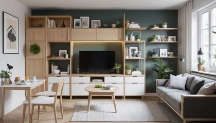 A small, modern apartment with clever use of space-saving furniture and multifunctional decor 