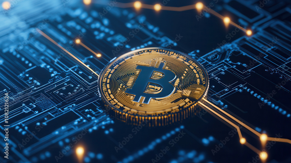 Poster digital representation of bitcoin on circuit board background, symbolizing cryptocurrency technology