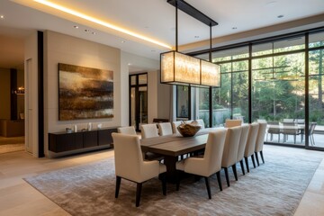 Fototapeta premium Elegant modern dining room interior featuring neutral tones and sleek furniture design in a spacious setting