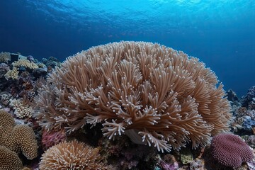 Fototapeta premium Vibrant Isolated Coral Reef Thriving Against Stunning Underwater Backdrop