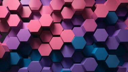 Abstract Hexagon Mosaic: A captivating image of three-dimensional hexagons in shades of pink, purple, and blue, creating a visually stunning and modern geometric pattern. Ideal for backgrounds.