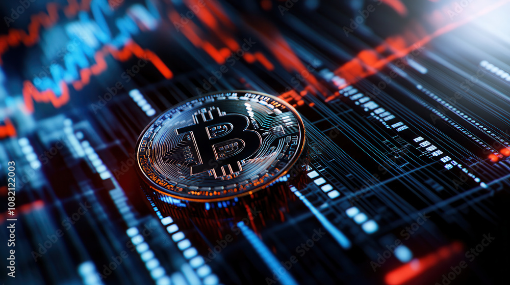 Poster digital currency bitcoin on futuristic background with graphs and data