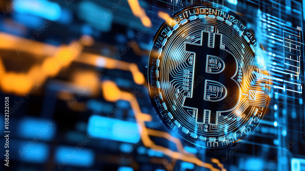 Poster digital currency symbol with blockchain technology background, showcasing bitcoin dynamic market tre