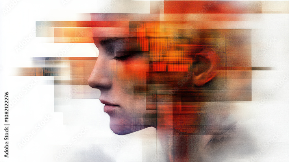 Poster glitch art image featuring woman profile with abstract colors and shapes, creating surreal effect. v