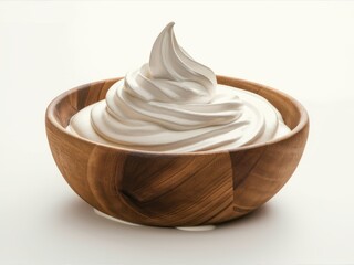 Whipped Cream Delight: A bowl of fluffy, white whipped cream, delicately swirled and ready to be enjoyed. The cream sits in a rustic wooden bowl.