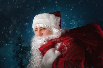 Portrait of Santa Claus with a sack of gifts against the background of a winter forest.