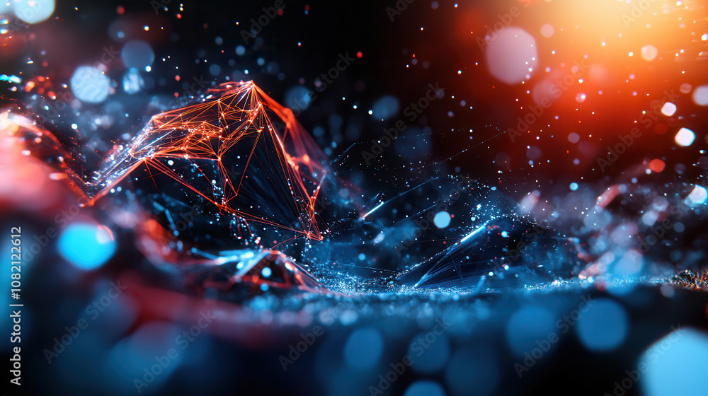Poster dynamic abstract digital landscape with glowing particles and geometric shapes, creating vibrant and