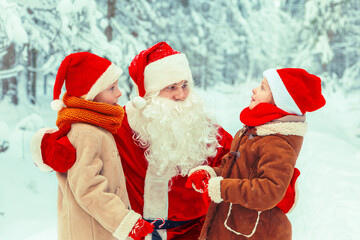 Santa Claus with children in a snowy forest.